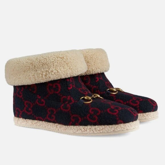 GUCCI SHOES MENS FRIA GG MARINO WOOL SHEARLING HORSEBIT BOOTS - Picture 3 of 13